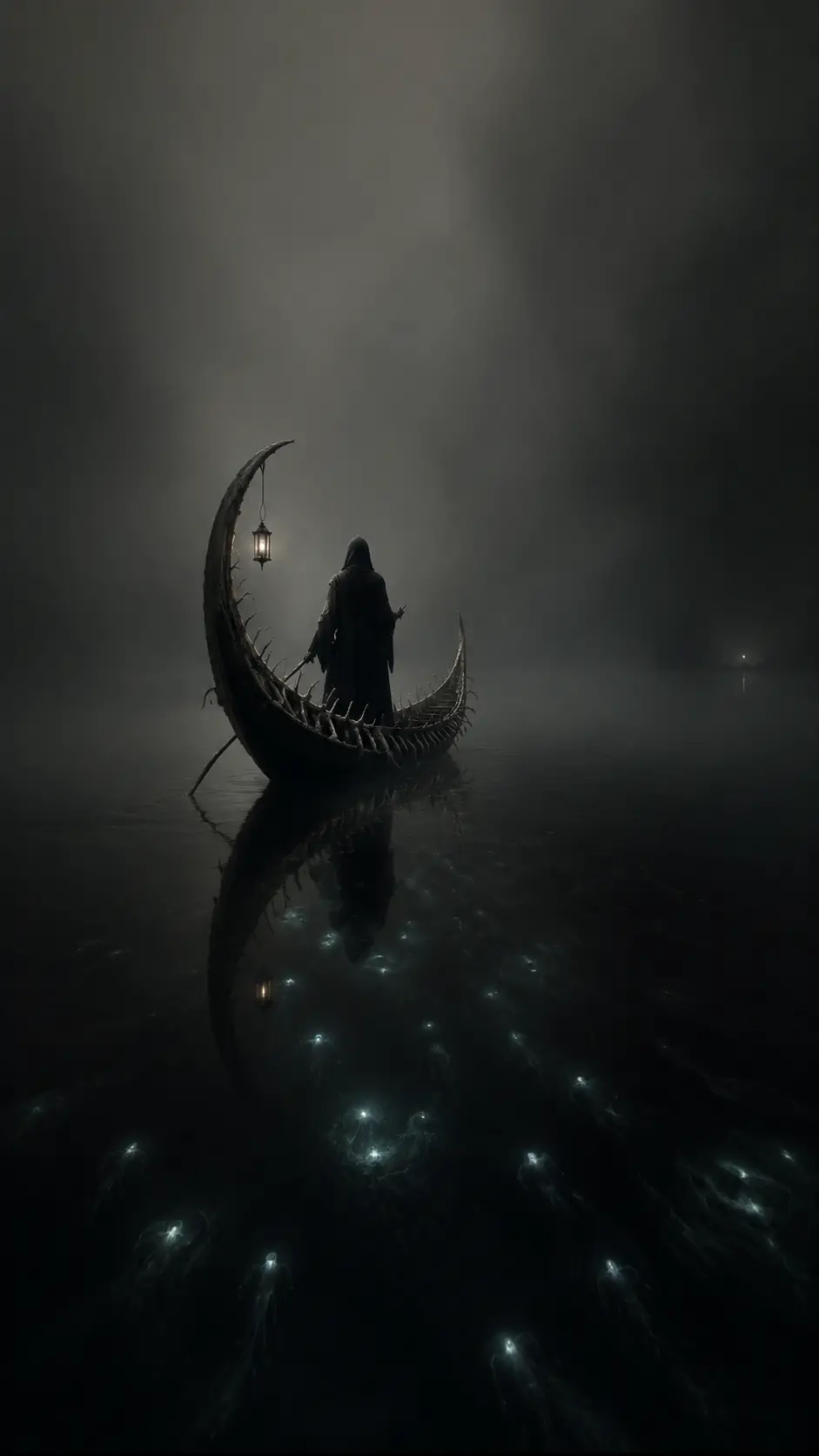 Ferryman crossing a silent black sea in heavy mist