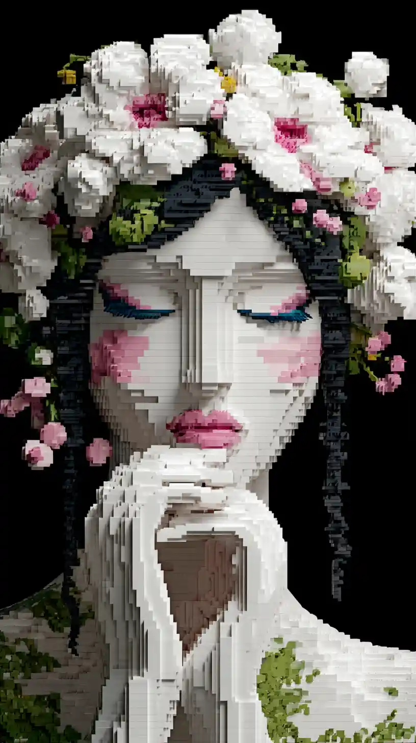 Serene girl portrait with flowers and abstract dark background