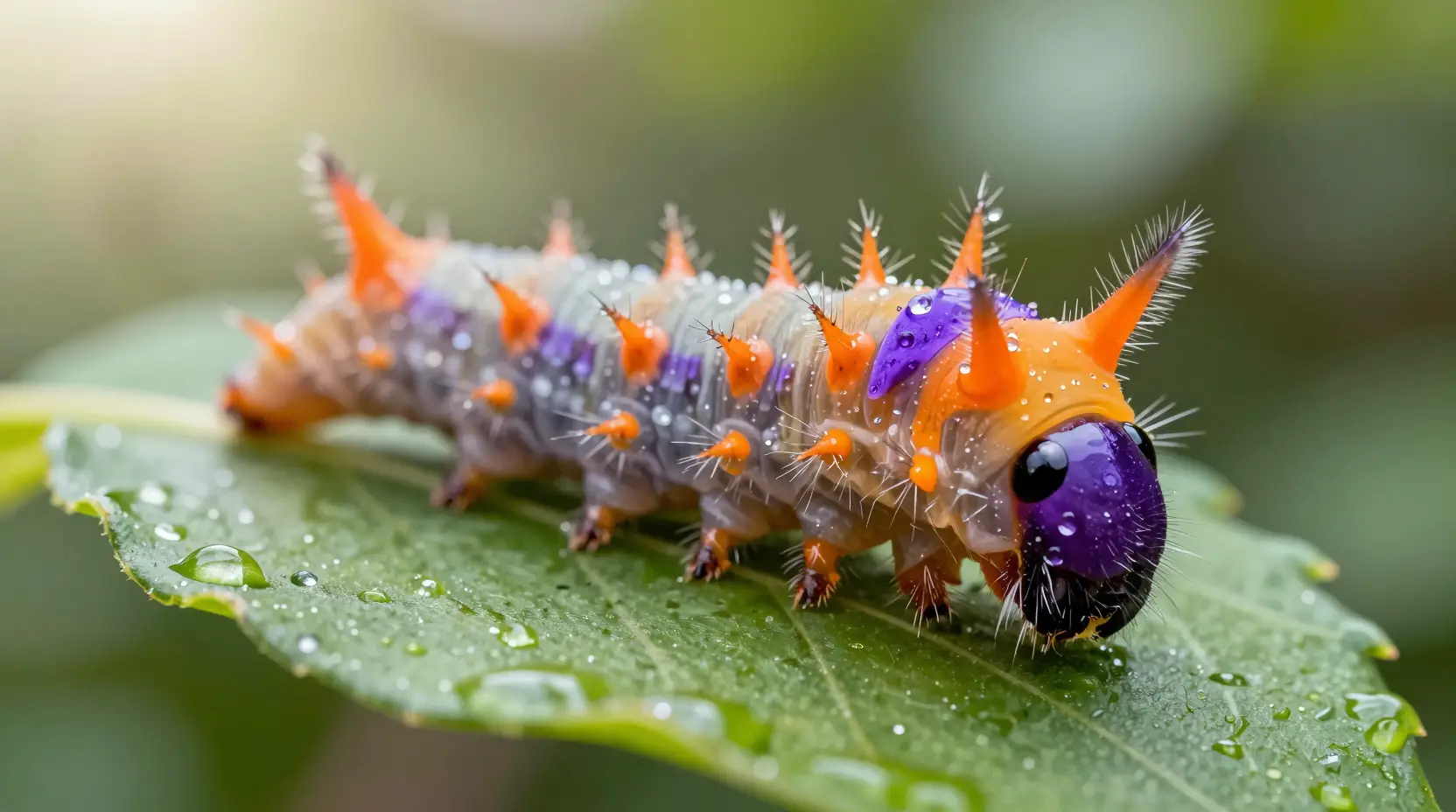 Macro close up of exotic caterpillar on dewy green leaf