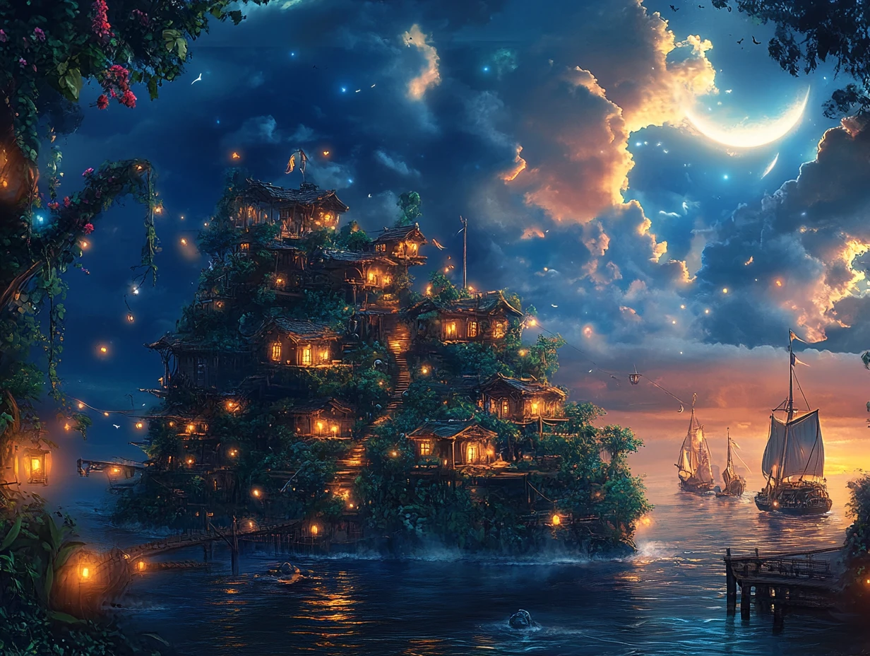 Mystical floating island beneath a luminous crescent moon