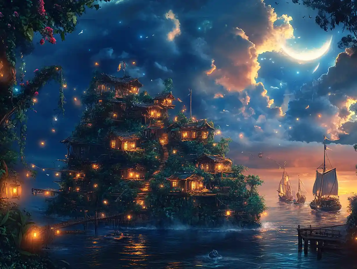 Mystical floating island beneath a luminous crescent moon