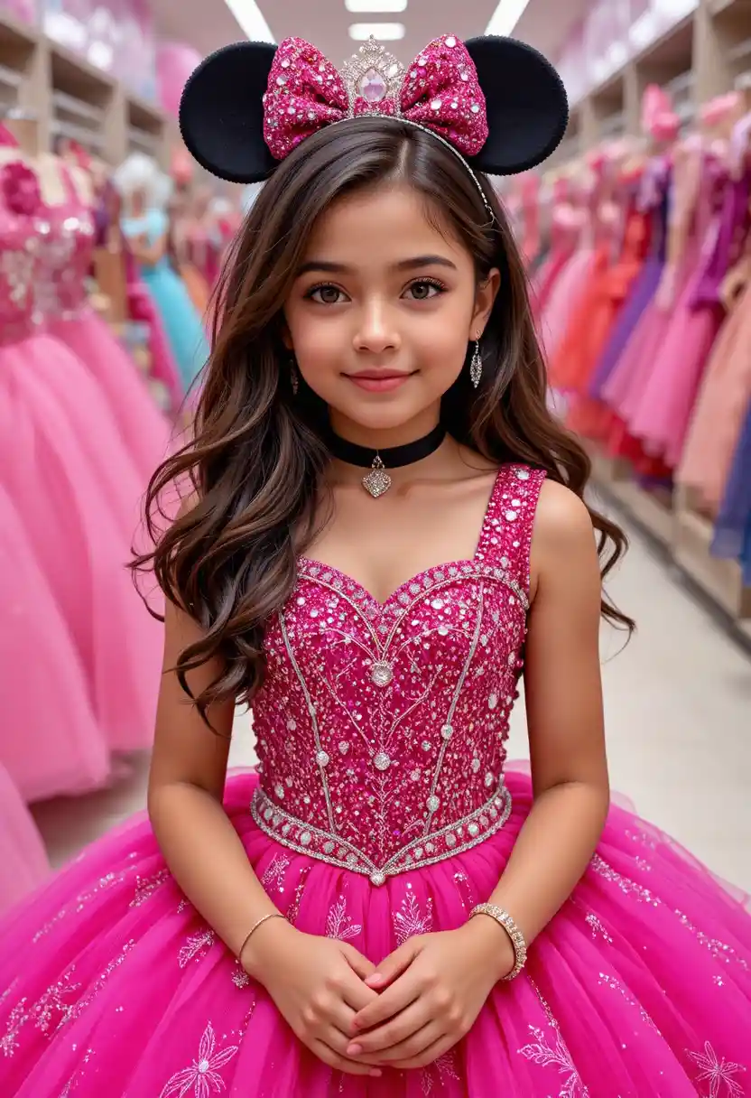 Young girl in pink Minnie dress at boutique