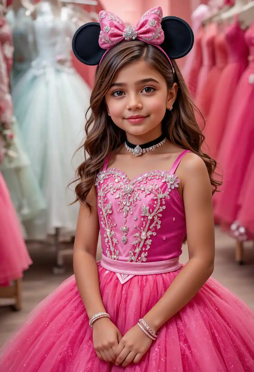 Young girl in pink Minnie dress in a Disney shop
