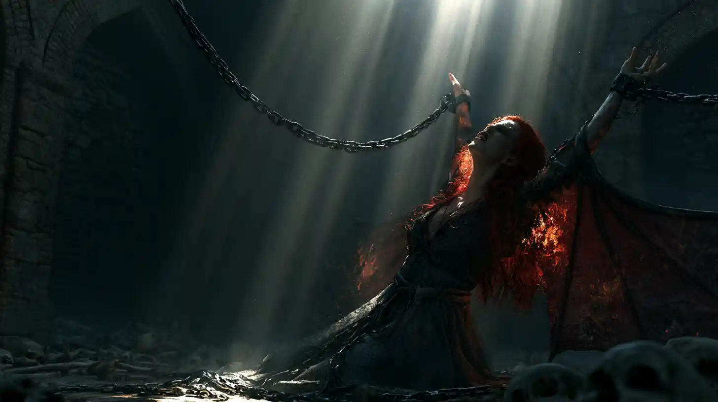 Gothic vampire woman burning in sunlight chained in dungeon