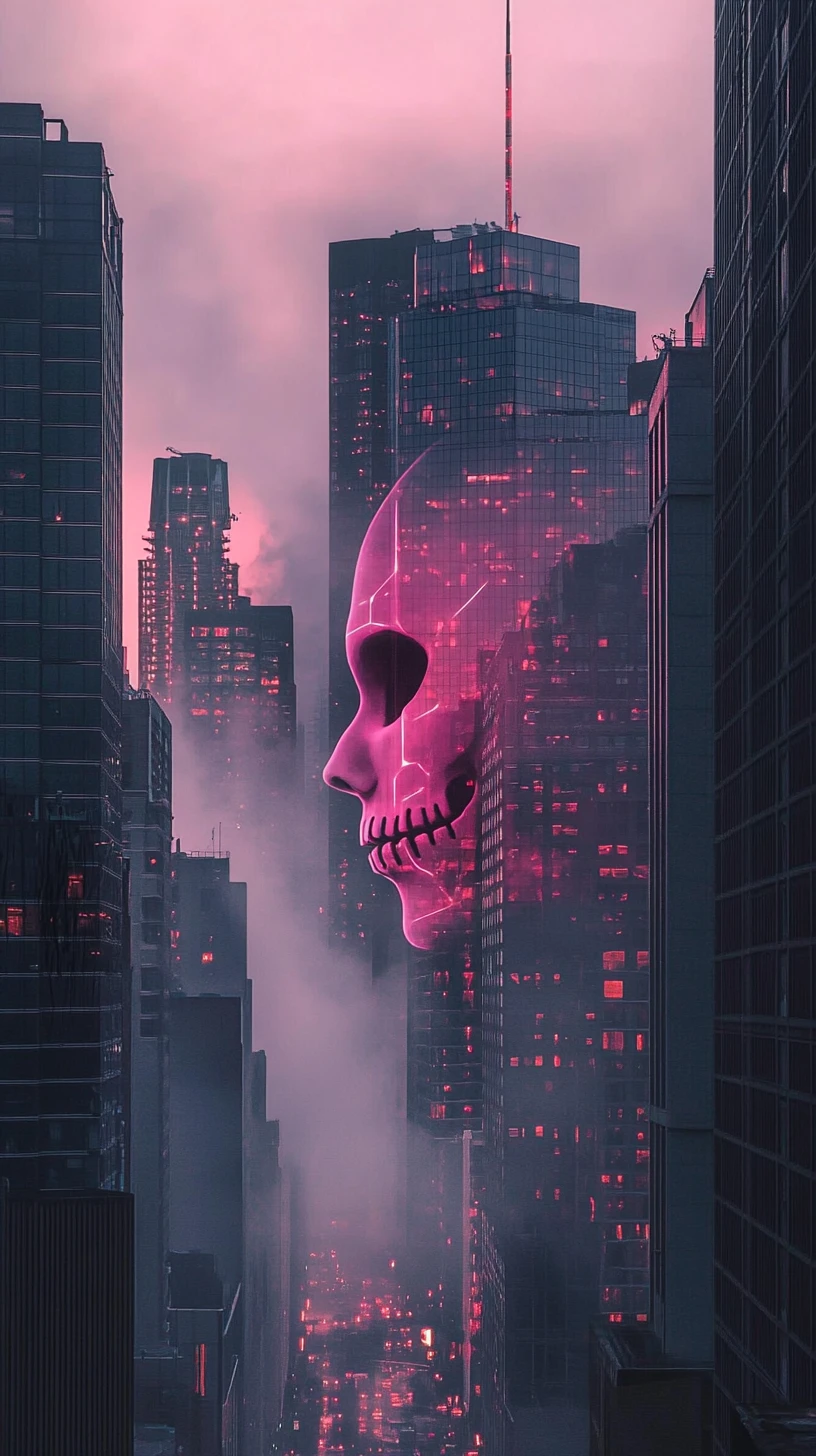 Modern city skyline at dusk with subtle skull silhouette