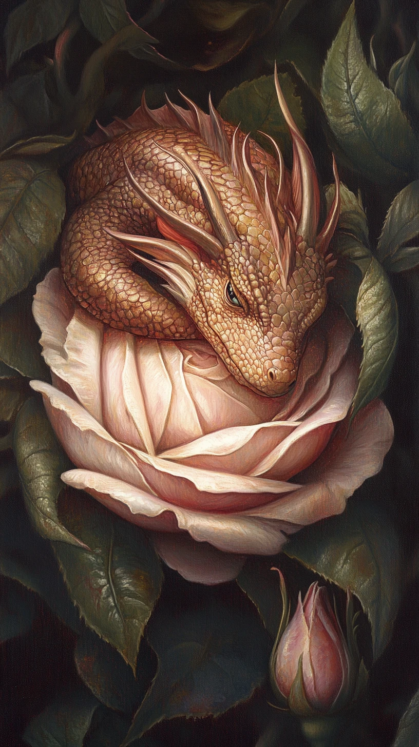 Sleeping dragon formed from a single oversized rose