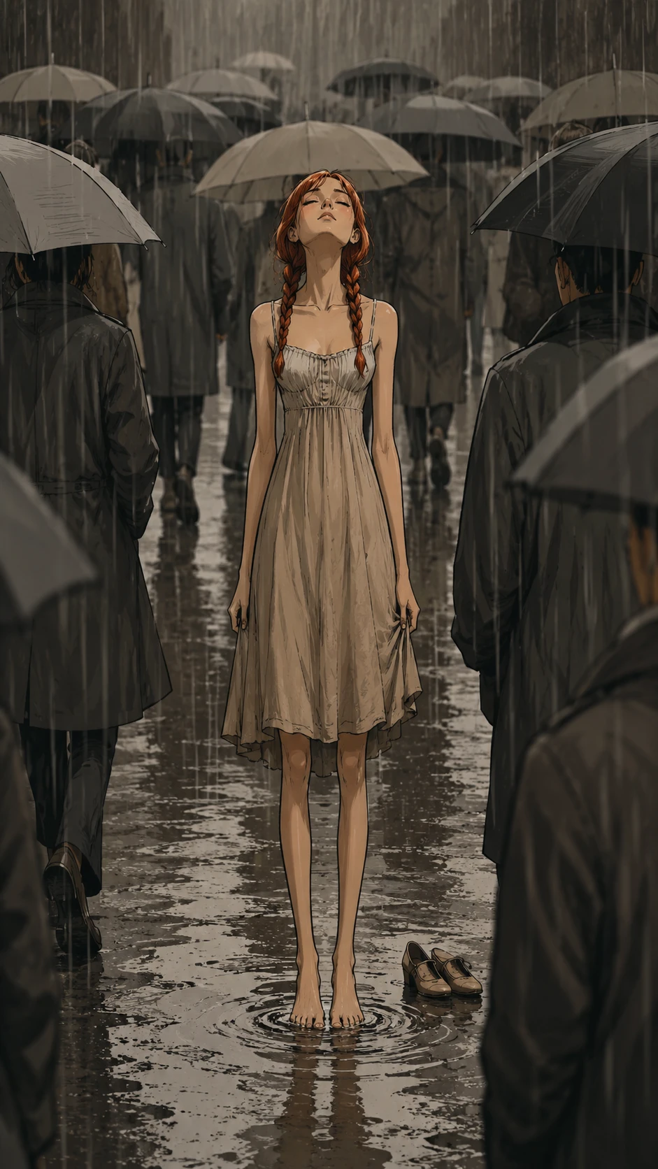 Tall red haired woman standing barefoot in a rainy crowd