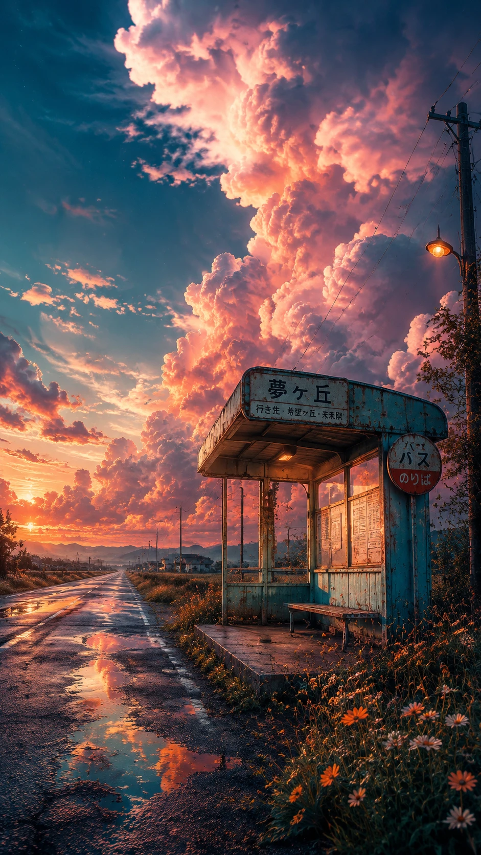 Surreal countryside bus stop at blue hour with dreamy clouds