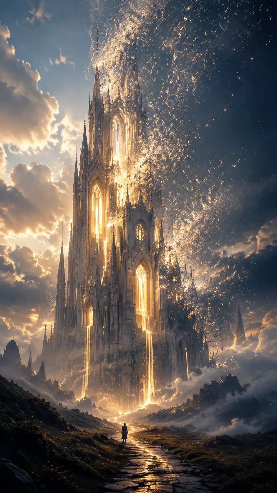 Gothic cathedral dissolving into glowing particles above a path