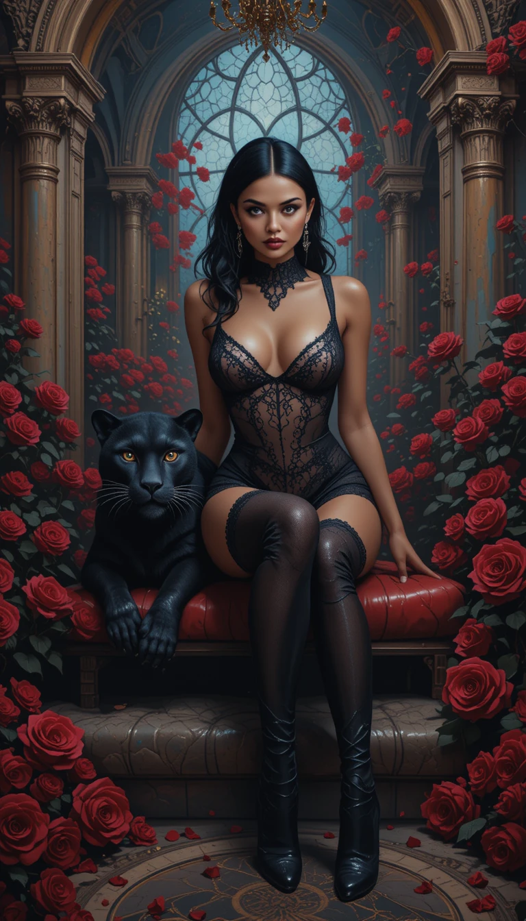 Donna dalla pelle scura in lingerie nera con pantera nera