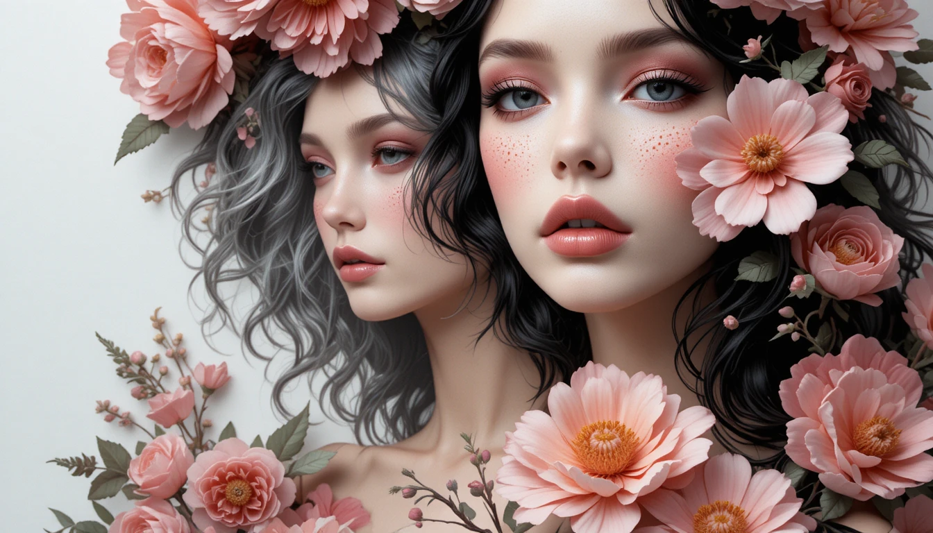 Floral female portrait in paper carving watercolor style