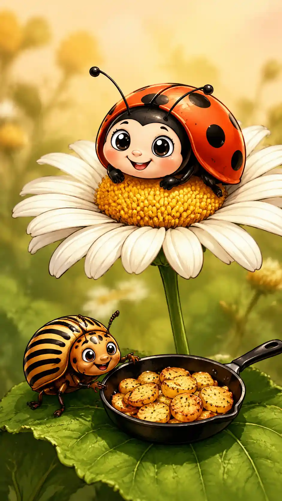 Cute ladybug peeking from shell on white daisy flower