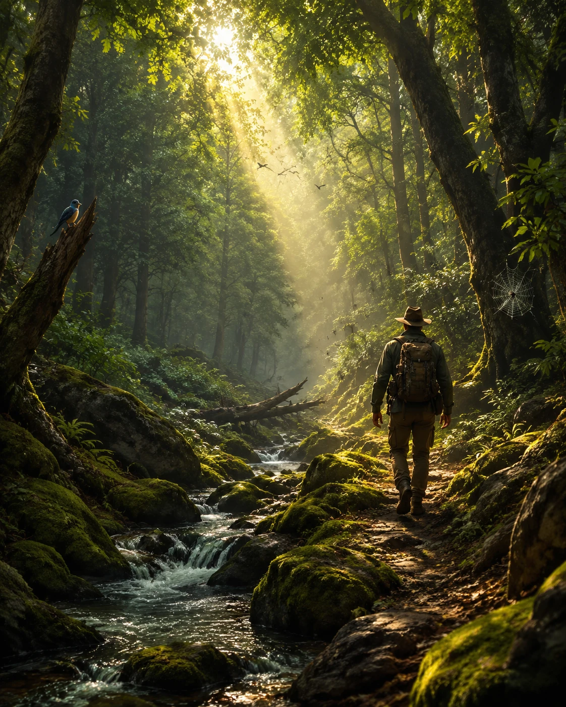 Lone hiker walking through a sunlit misty forest