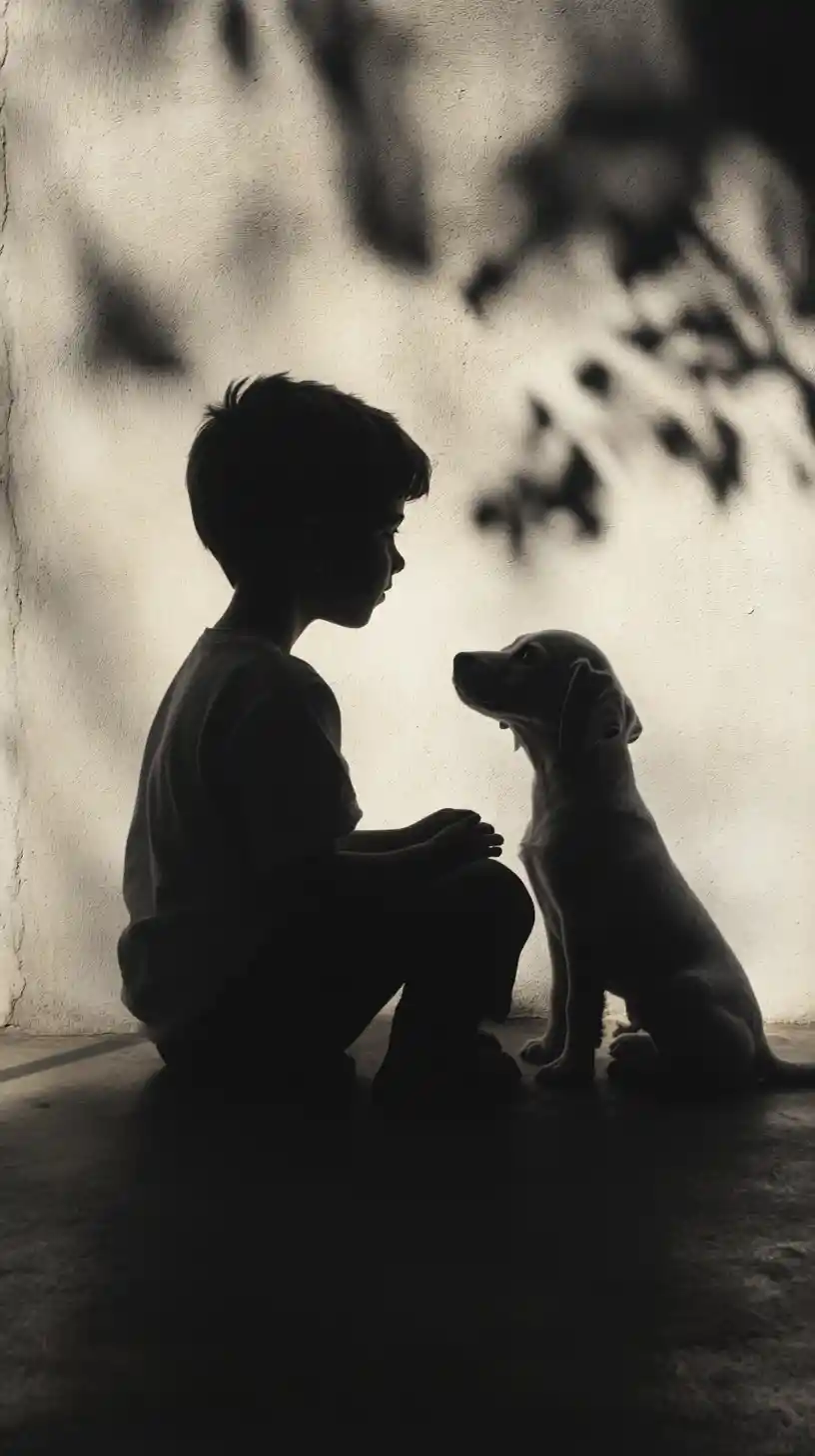 Boy and puppy in a quiet still composition with soft light
