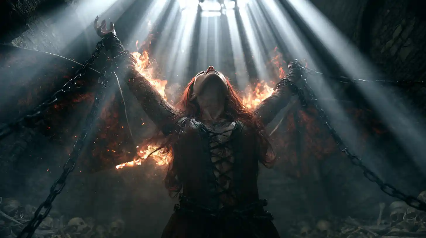Gothic vampire woman burning in sunlight in dungeon