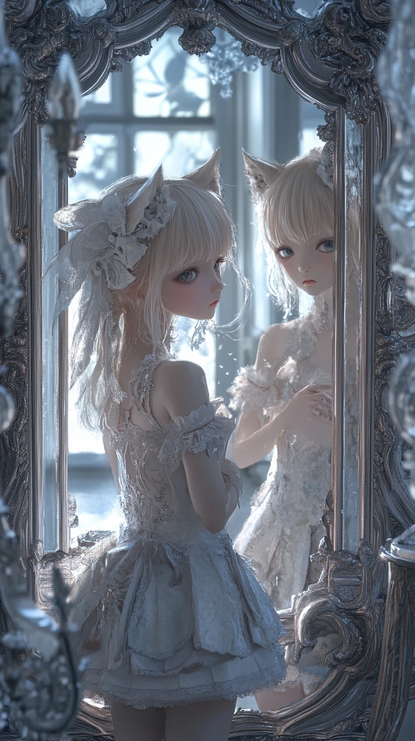 Anime girl before an ornate mirror lost in quiet thought
