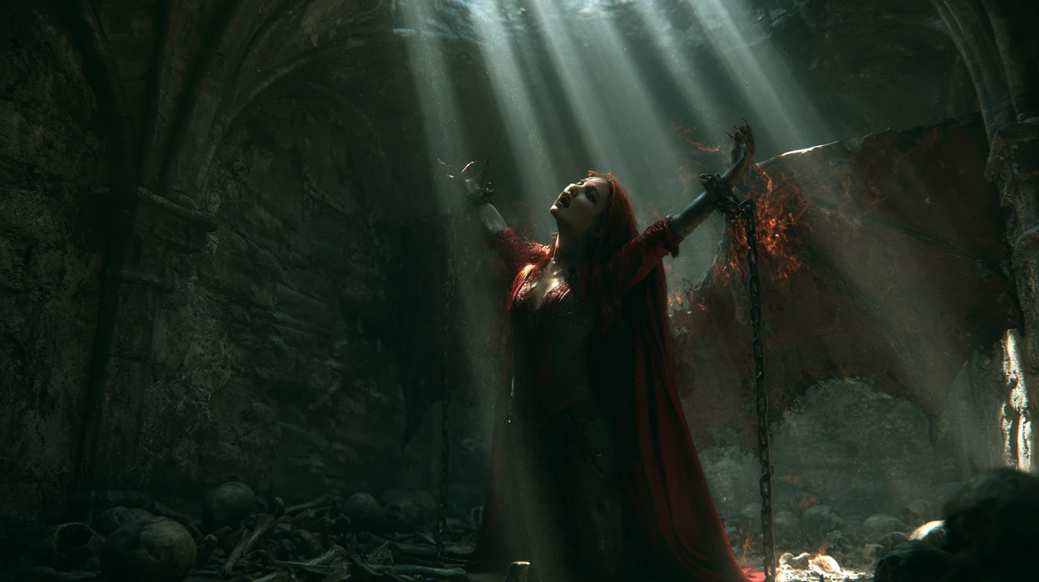 Gothic vampire woman burning in sunlight chained in dungeon