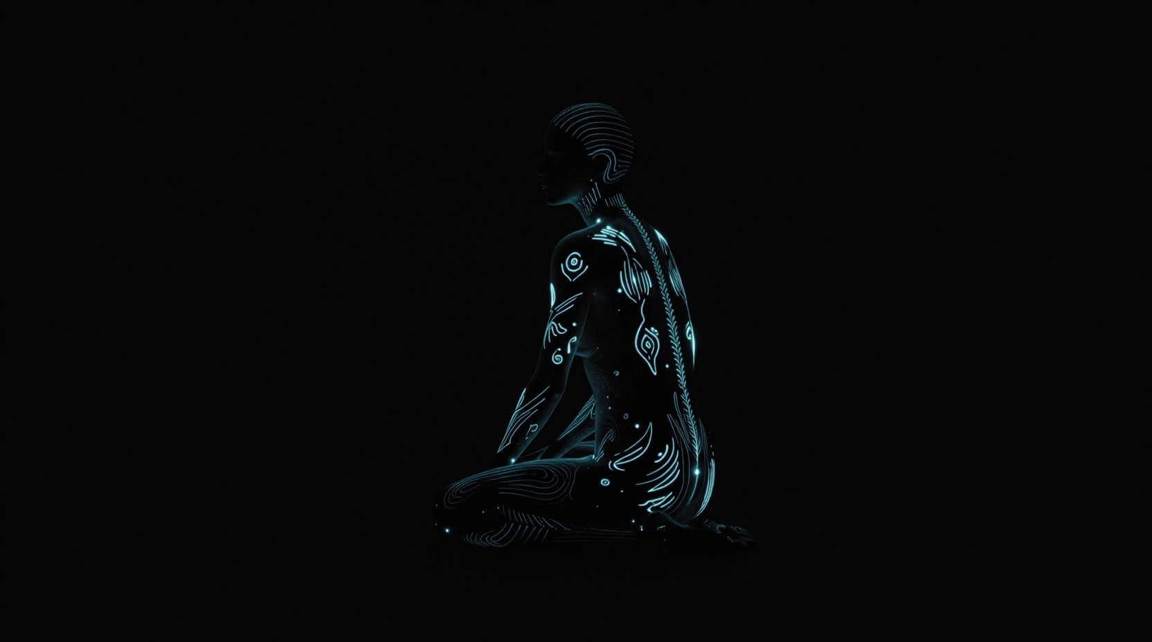 Glowing creature outlined by luminous patterns in darkness