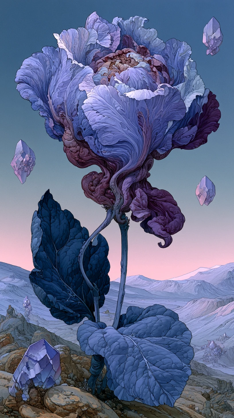 Flor alienígena gigante en un paisaje surrealista de cristales