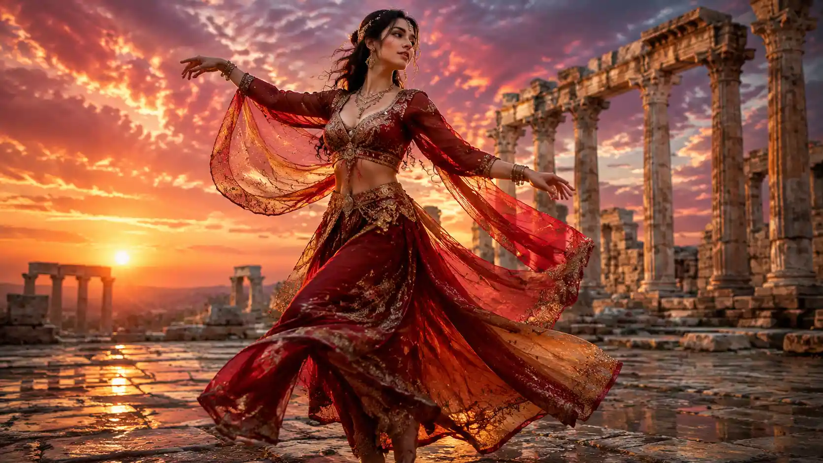 Young Turkish woman dancing before ancient Roman ruins