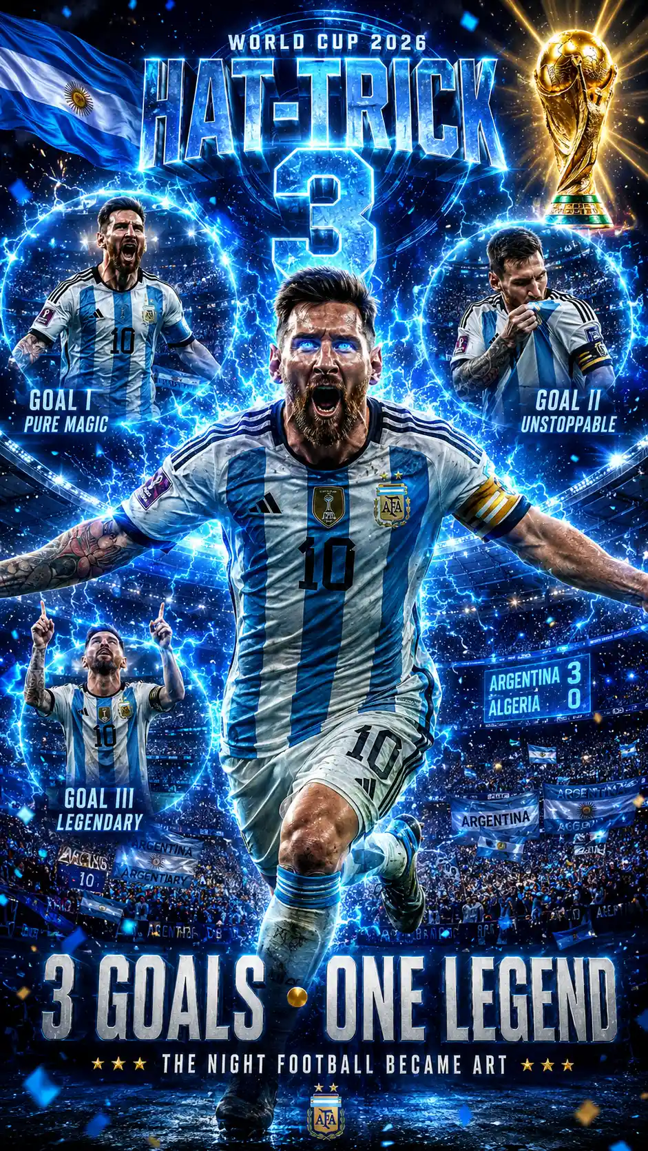 Argentina football star celebrating world cup hat trick