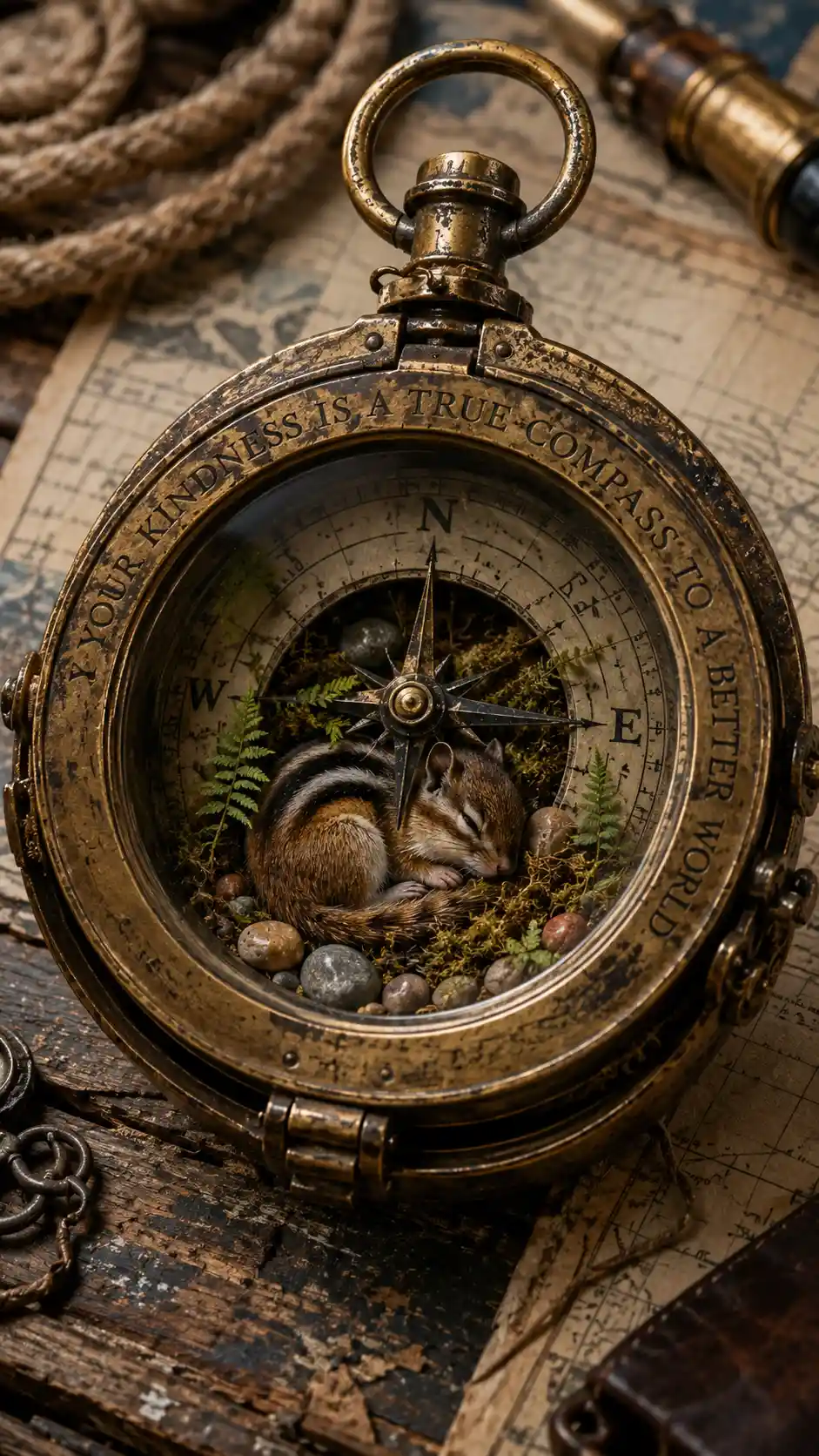 Antique compass with tiny chipmunk and natural elements
