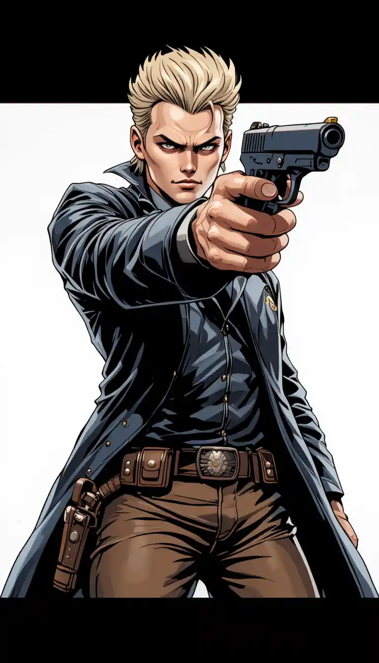 身穿黑色外套與靴子、舉槍瞄準的年輕男子