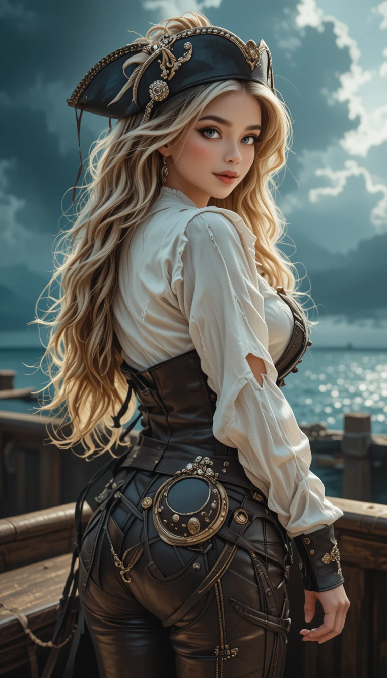 Curvy pirate captain woman posing on sunny ship deck