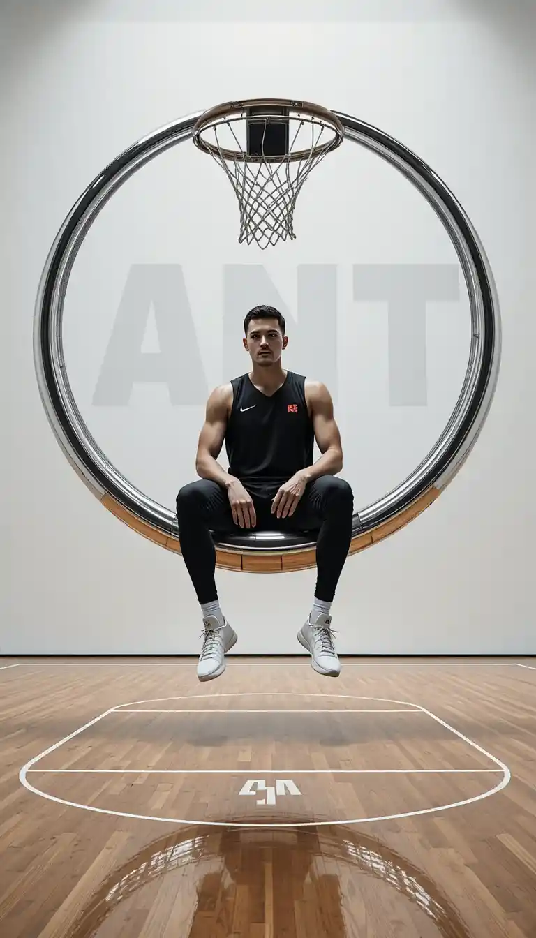 Basketball star seated in a sculptural chrome hoop throne