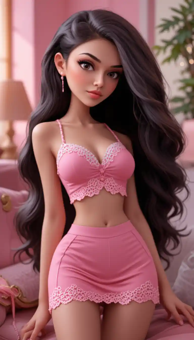 Young woman in pink lace crop top and miniskirt