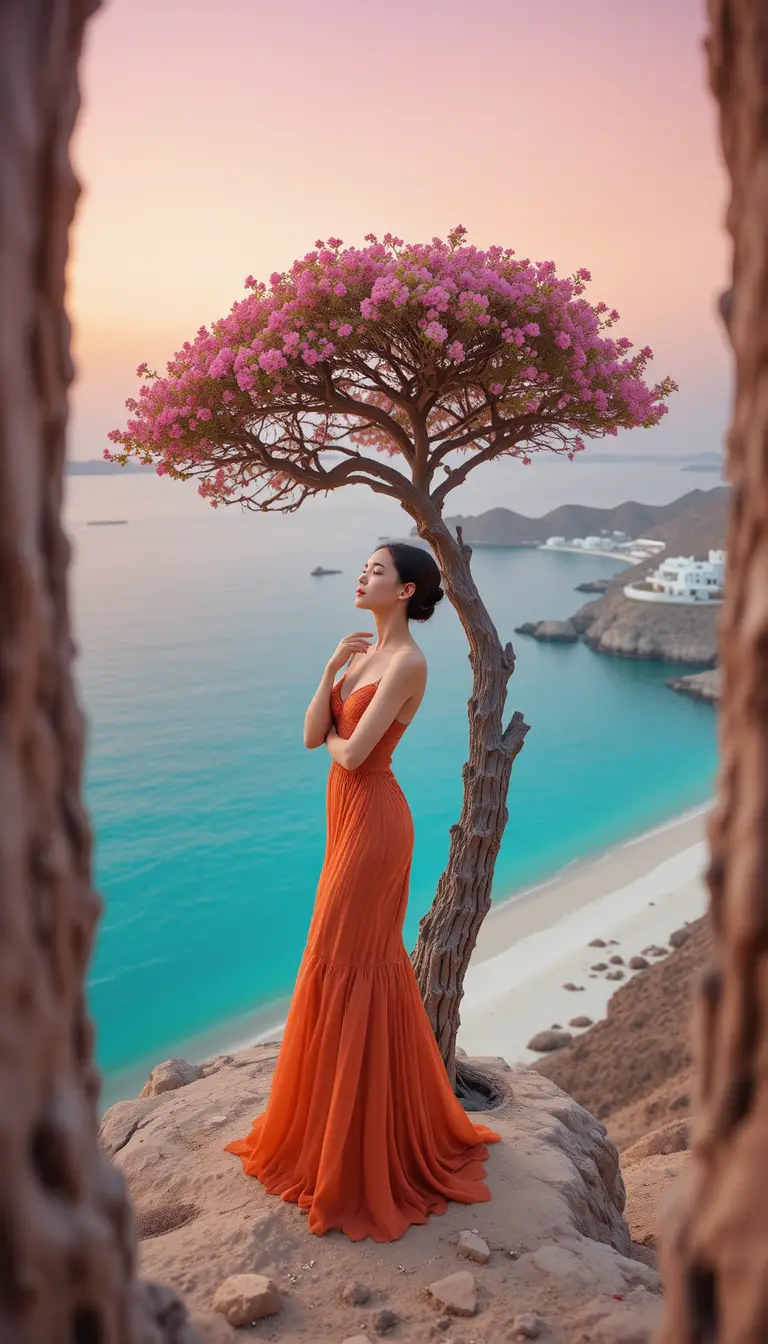Girl in a fashion pose beside a lone tree on cliff