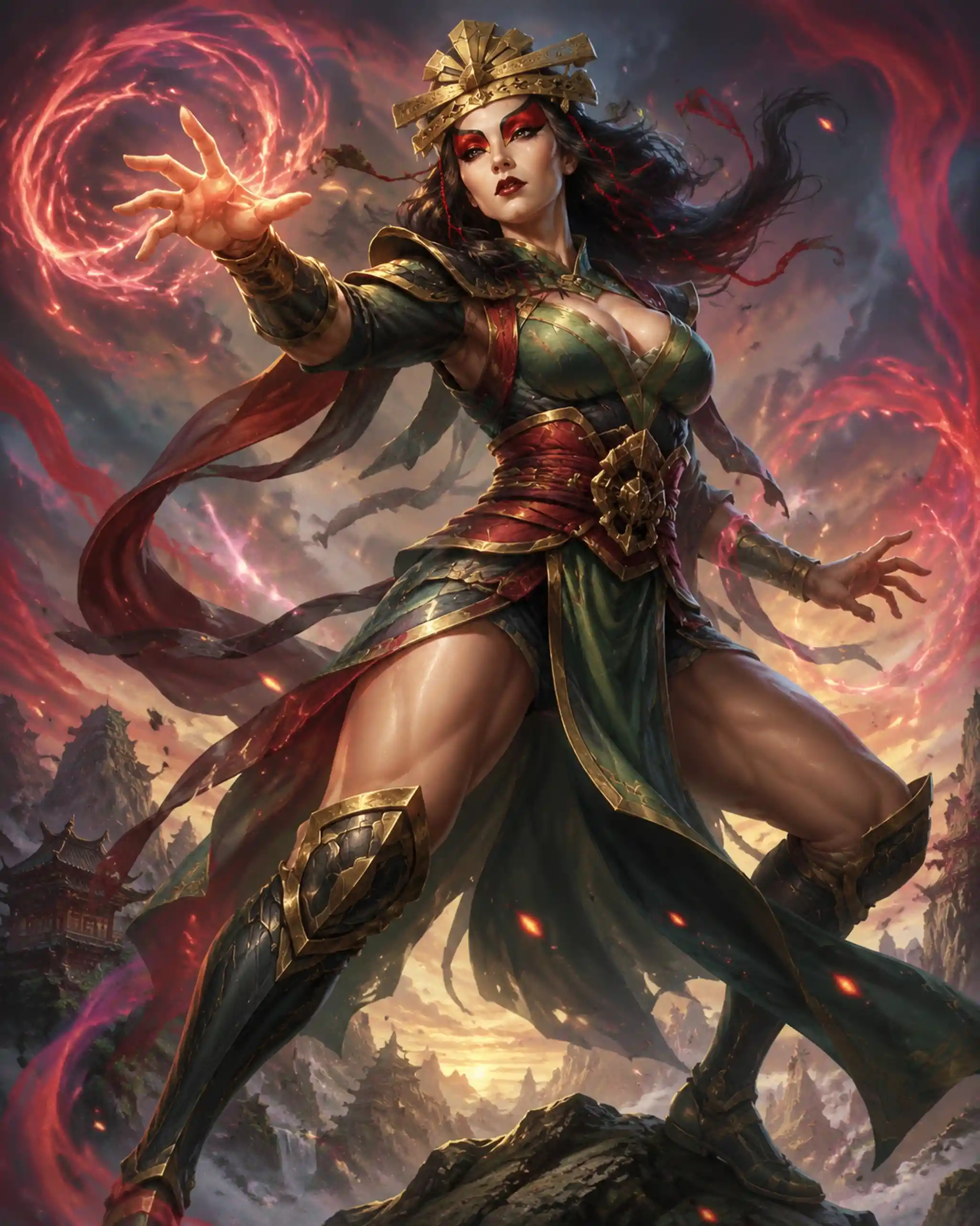 Dynamic female magical warrior in full body battle pose