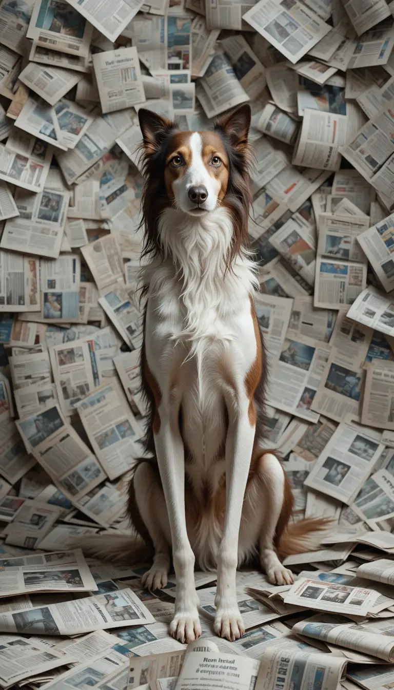 Elegant Russian Borzoi Posed Among Scattered Newspapers