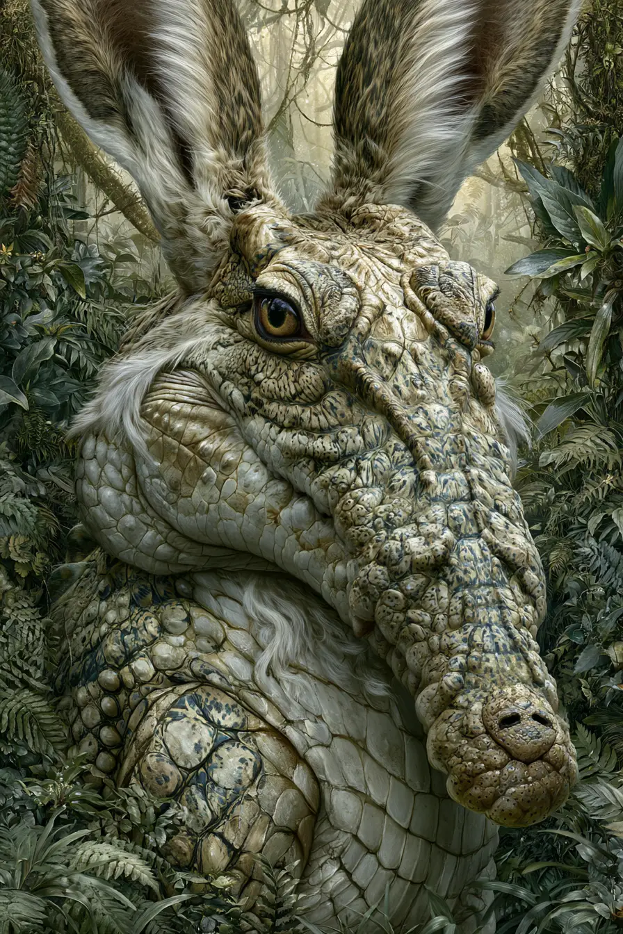 Hybrid crocodile hare creature in lush rainforest scene