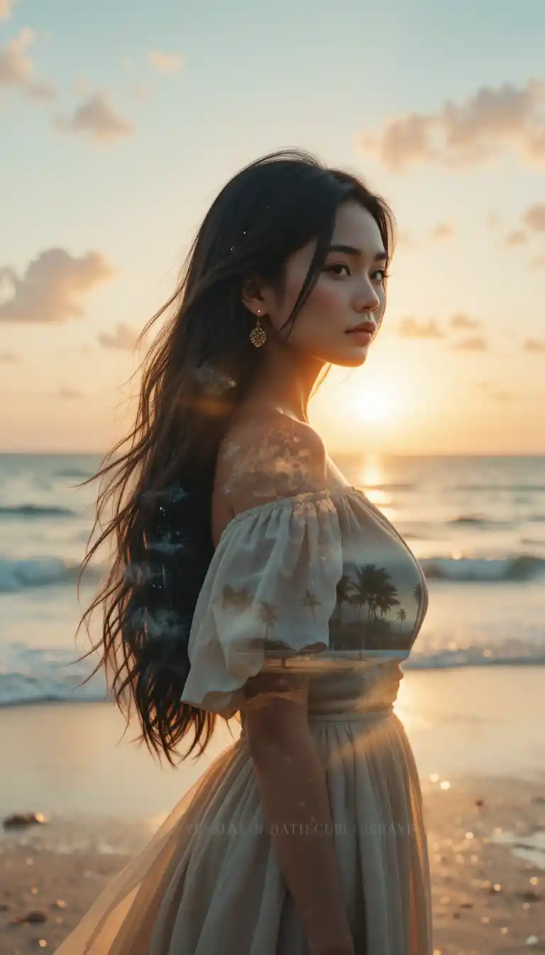 Cinematic double exposure portrait of a woman at sunset