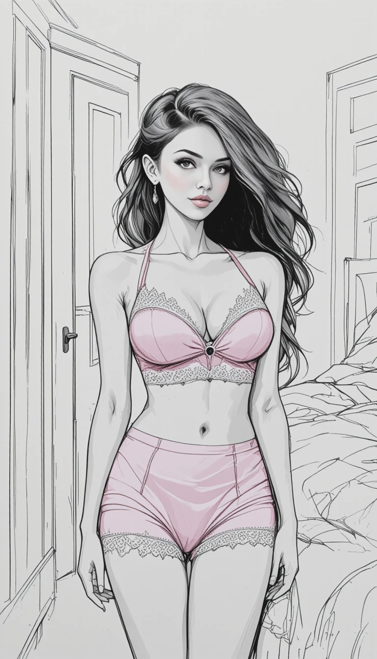 Young woman in pink lingerie relaxing in modern bedroom
