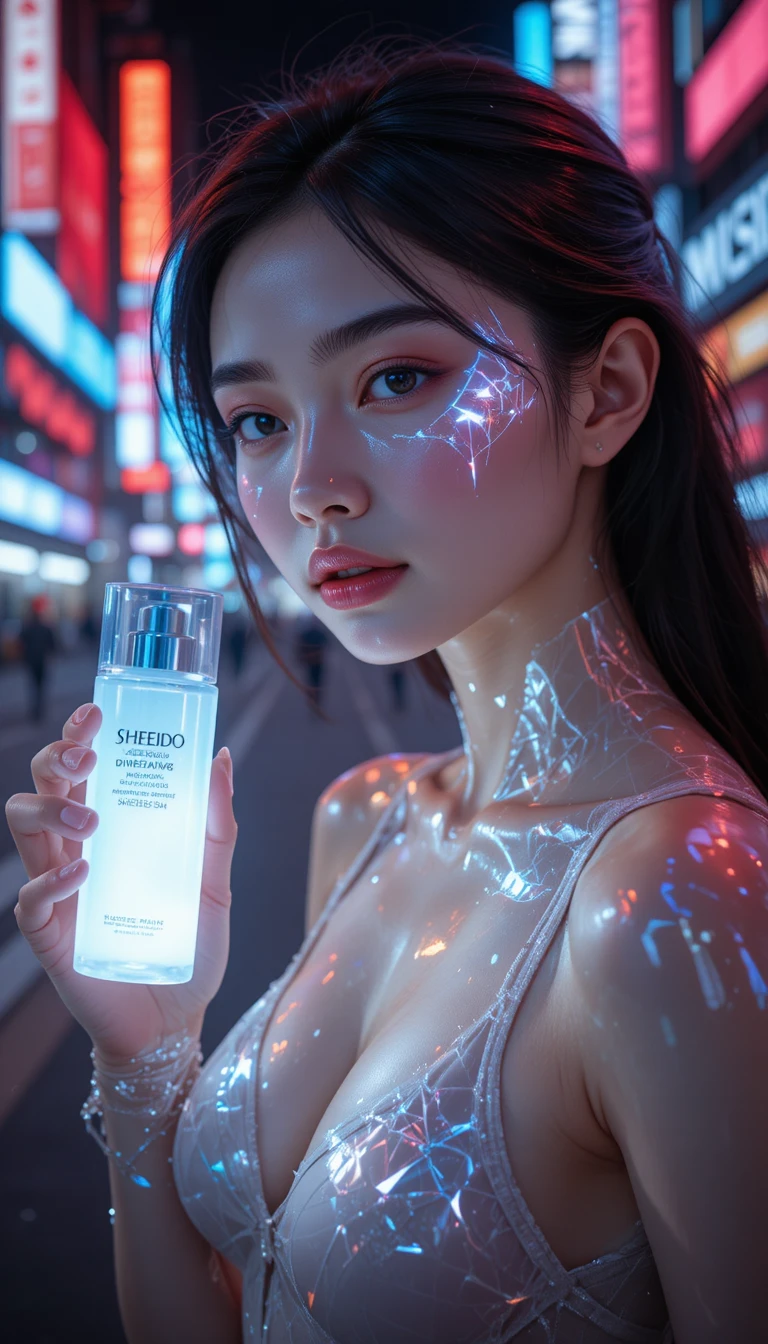 Modelo asiática futurista con cuidado de la piel luminoso en ciudad neón