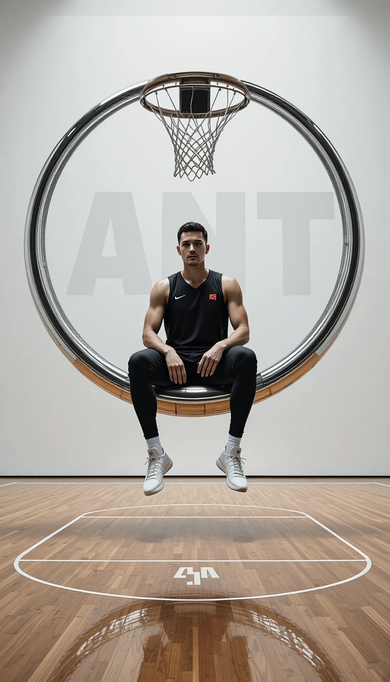 Basketball star seated in a sculptural chrome hoop throne