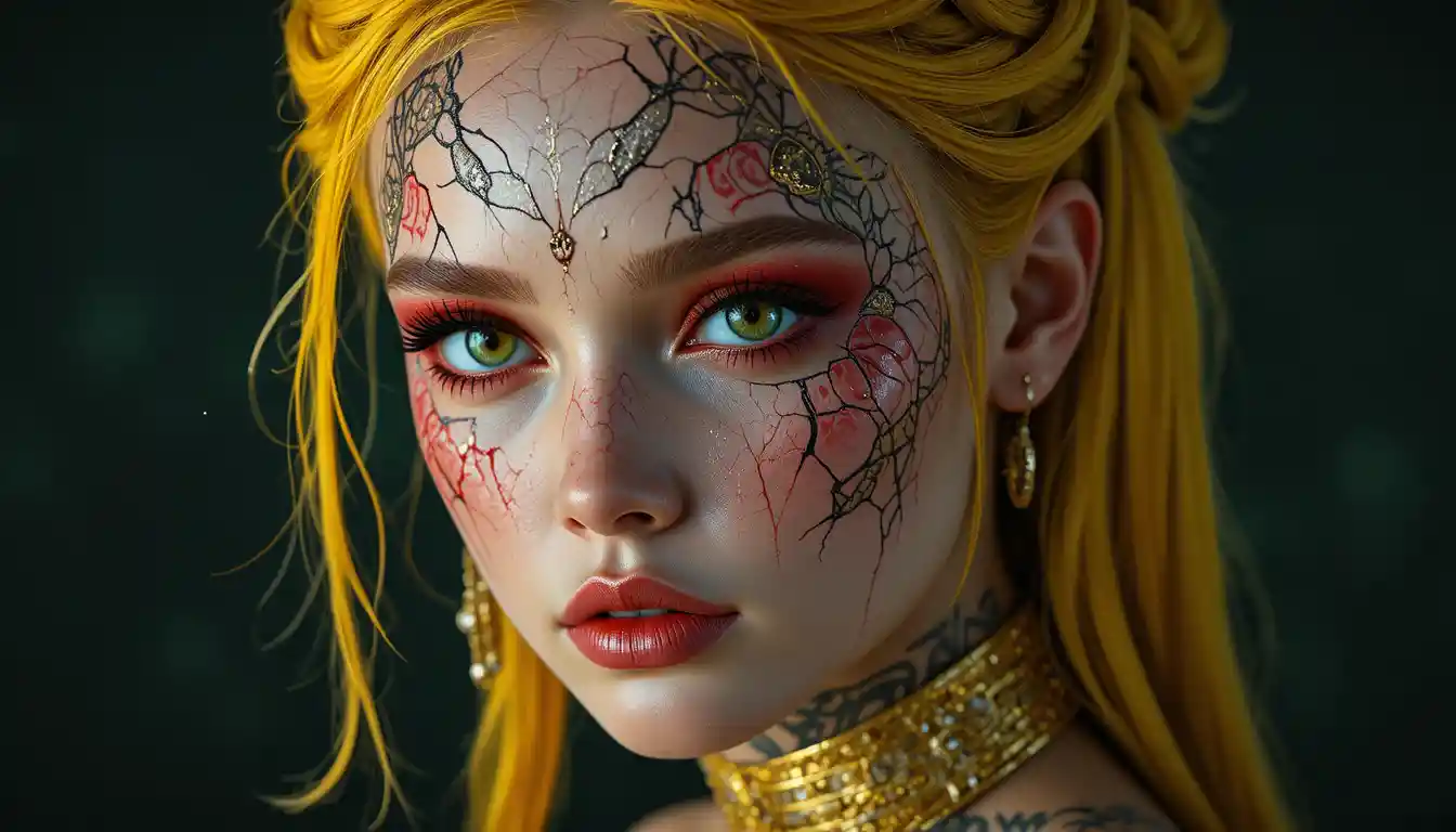 Futuristic fantasy woman portrait with braided golden hair