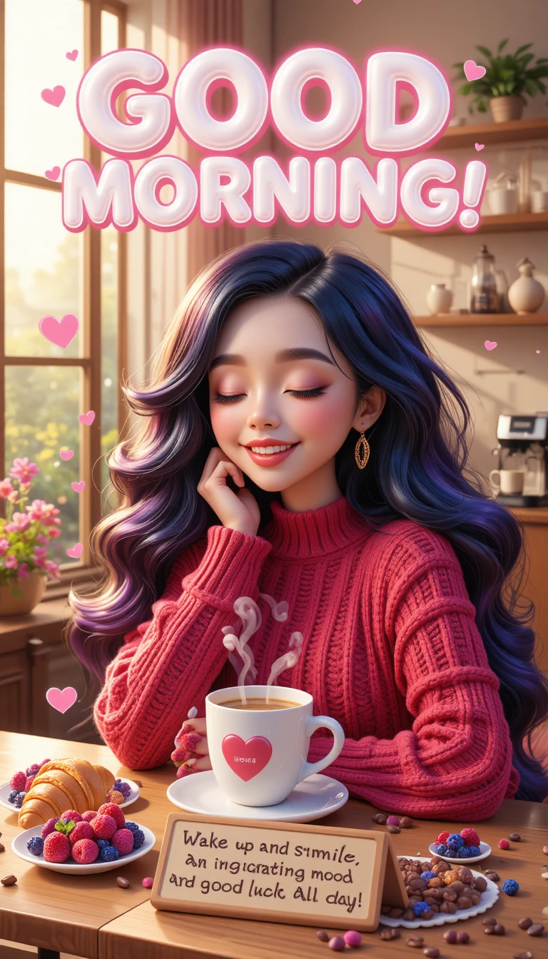Smiling girl with colorful hair enjoying morning coffee