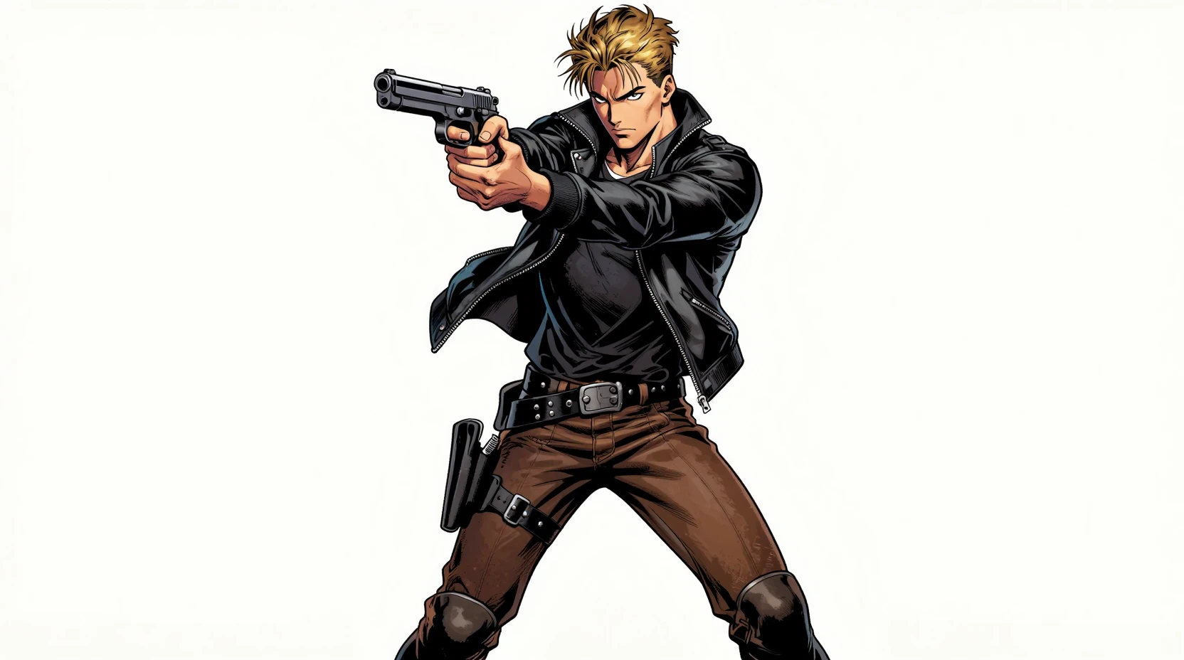 Young man aiming a pistol in bold full body pose