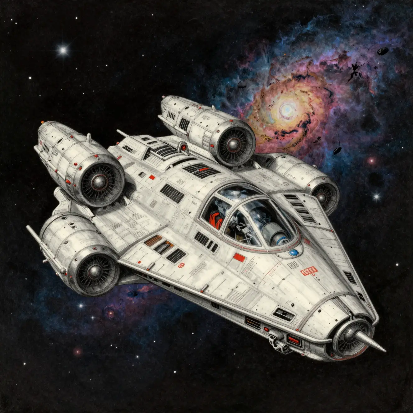 Vintage drawing of a futuristic spaceship in colorful space