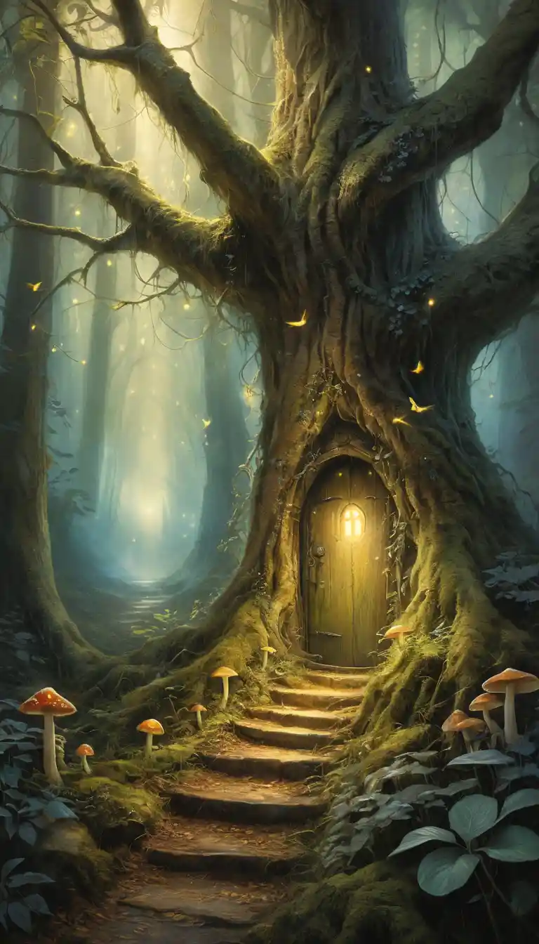 Mystical forest path with glowing fireflies and mist