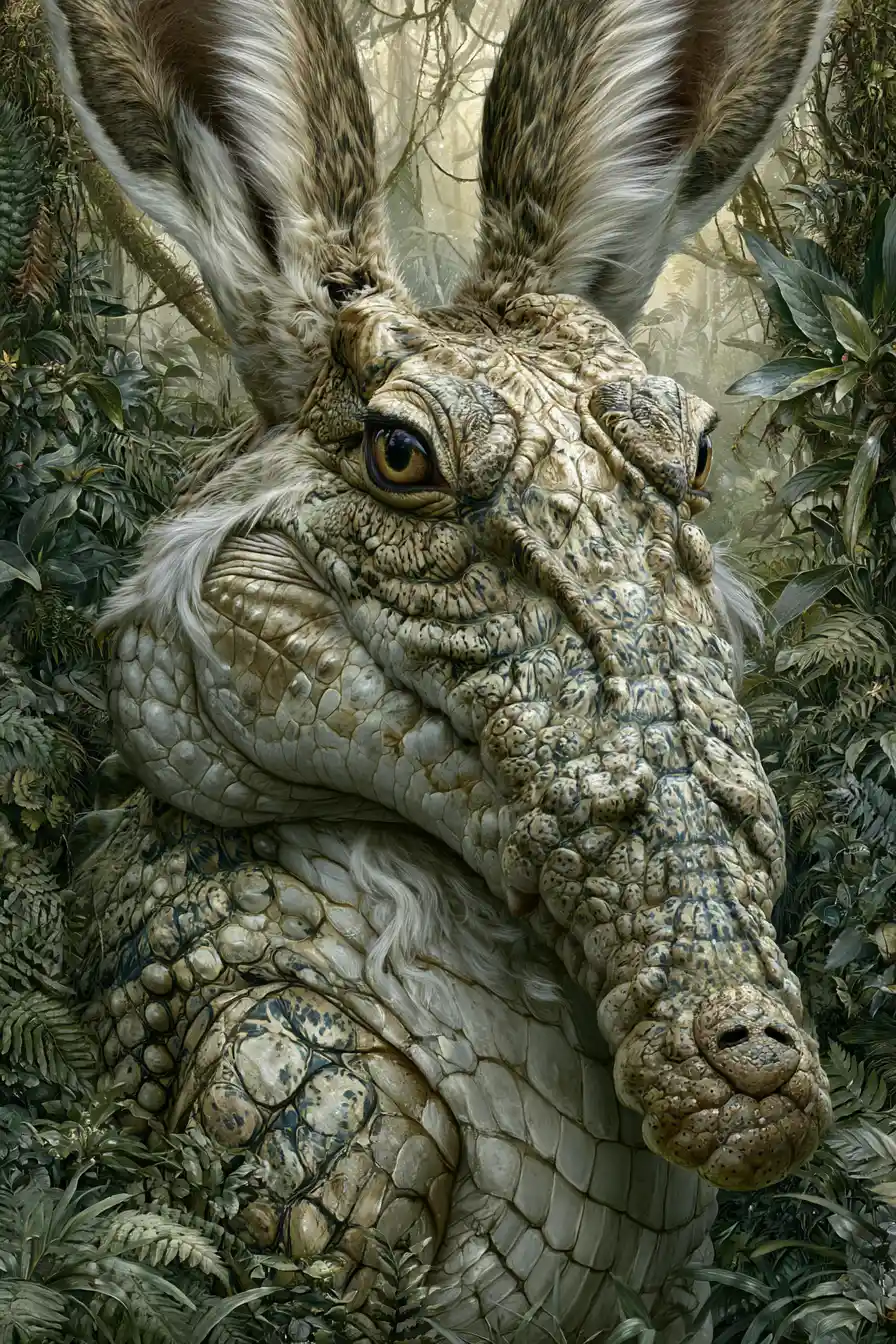 Hybrid crocodile hare creature in lush rainforest scene