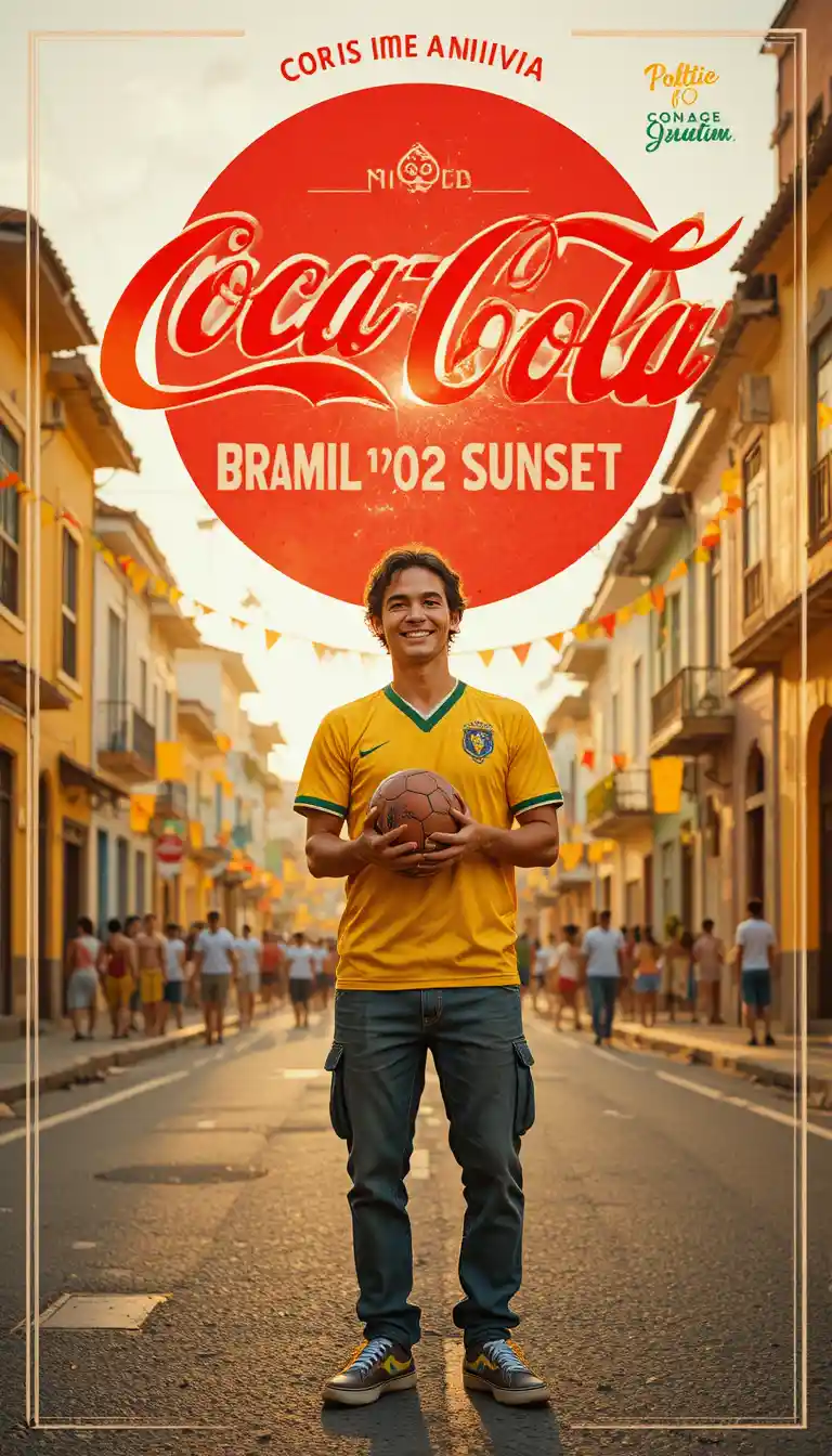 Smiling woman in Brazil 2002 football poster scene