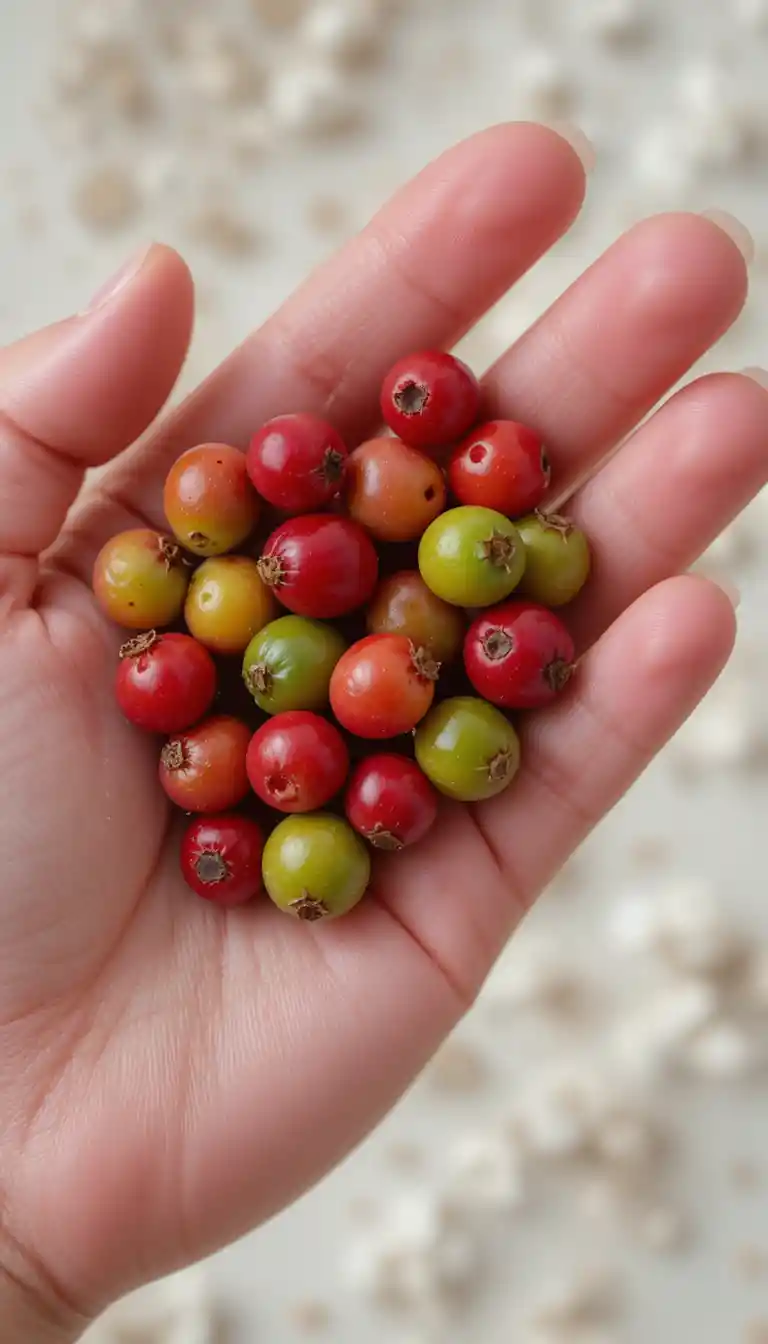 Nahaufnahme einer Hand, die rote und grüne Beeren hält