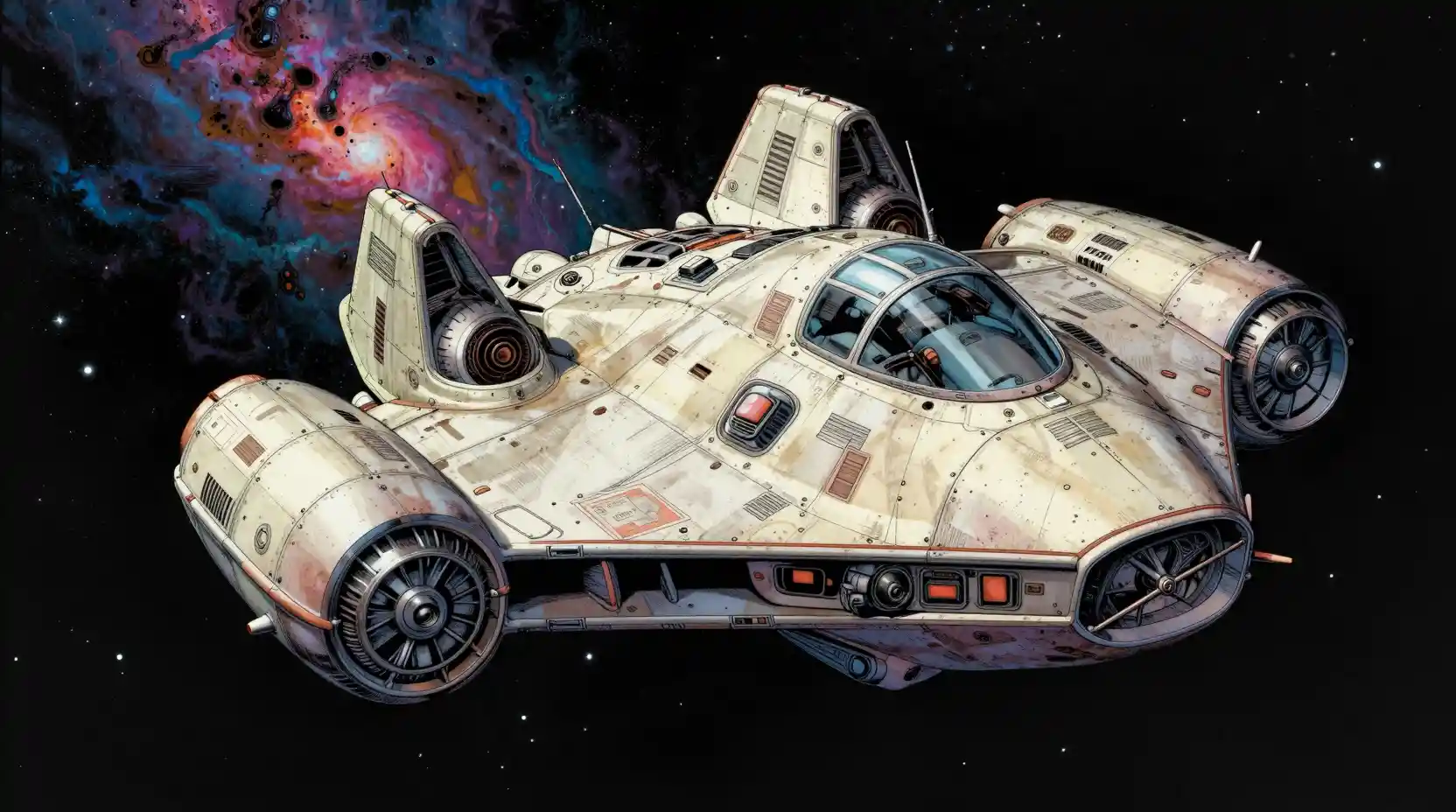 Vintage drawing of a futuristic spaceship in deep space