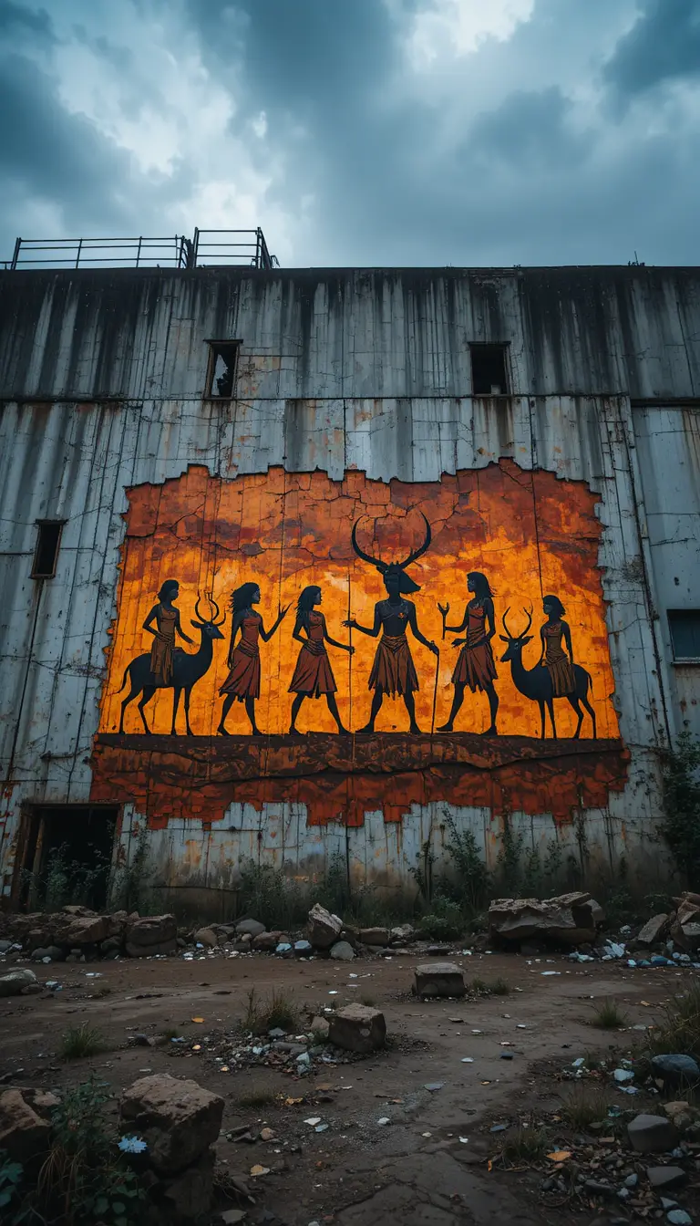 Colorful rock art mural on a decaying industrial concrete wall