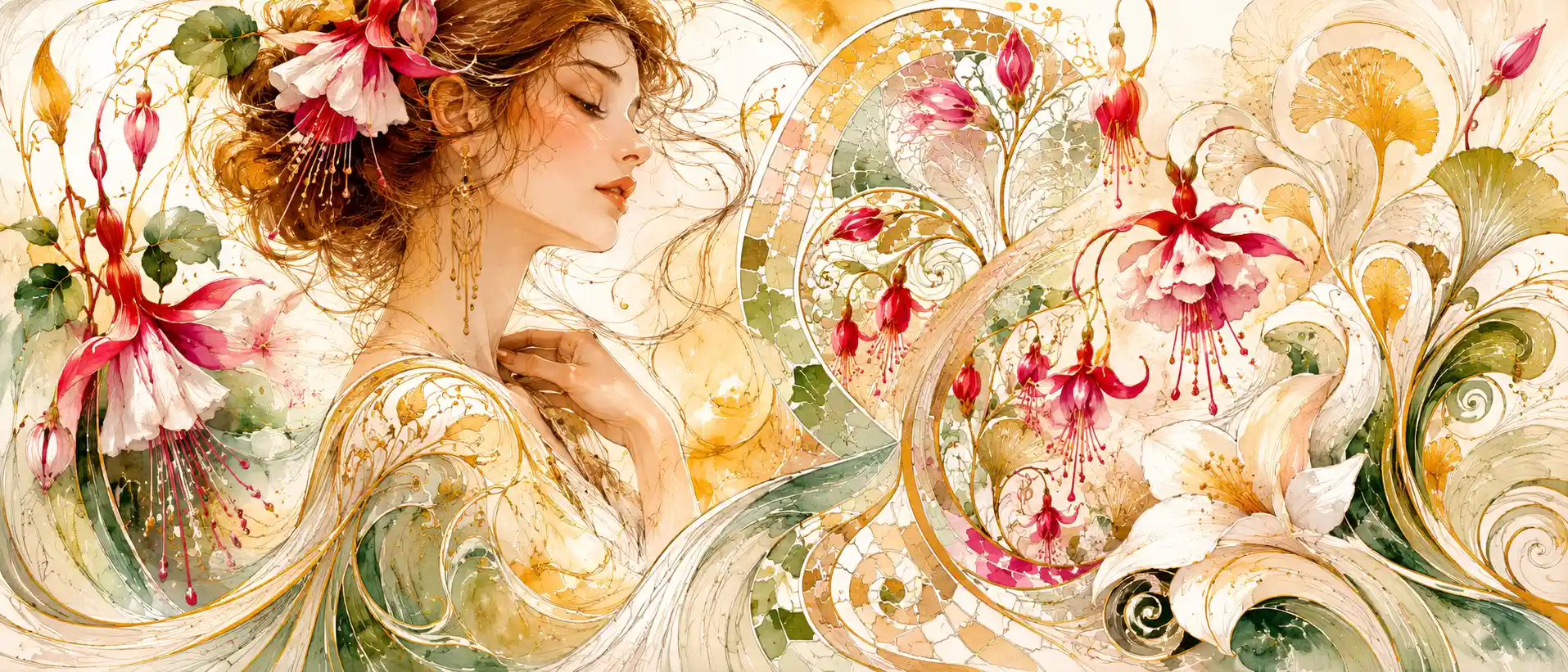 Art nouveau mosaic moodboard with floral motifs and lady
