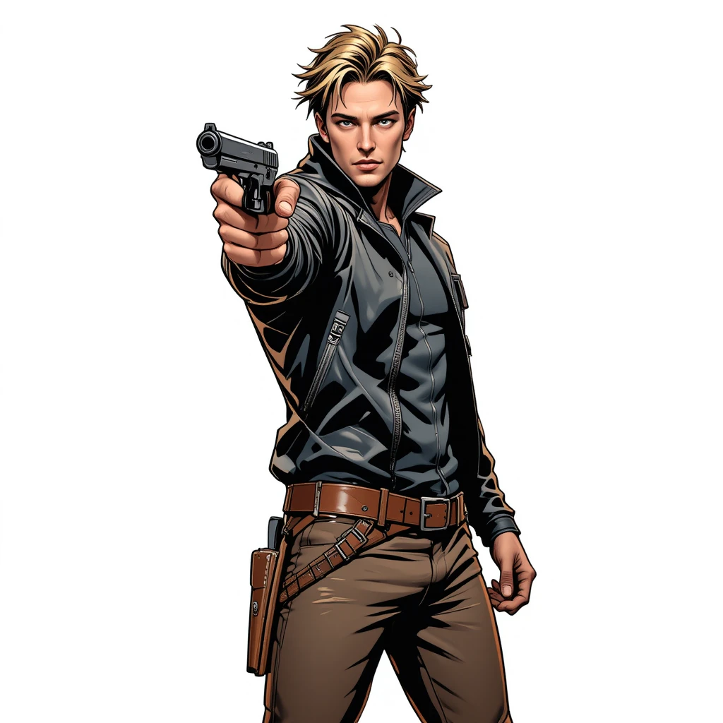 Armed young man in leather jacket aiming laser pistol